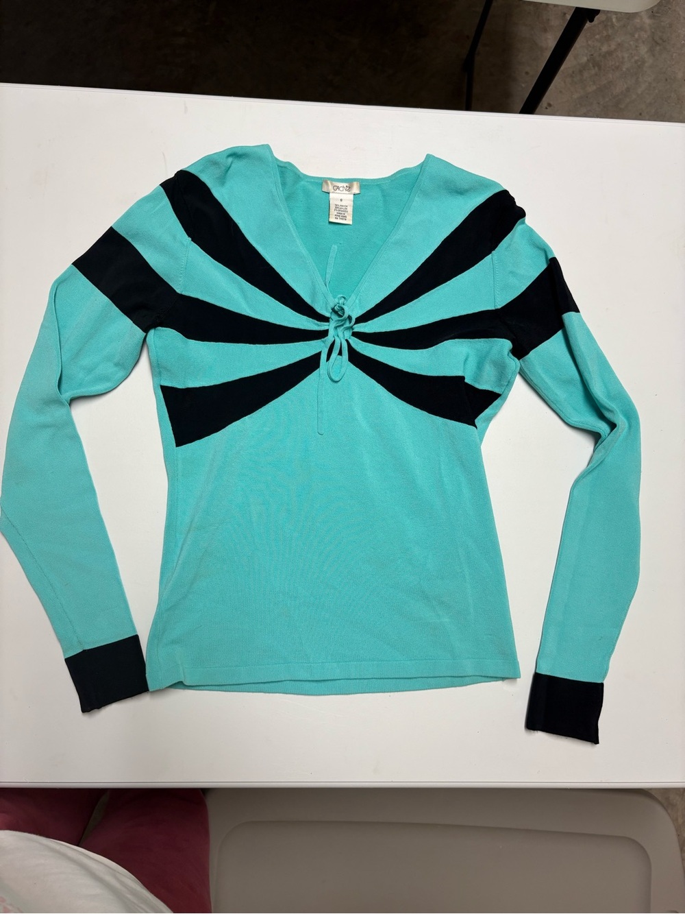 Y2K Cache Turquoise and Black Long Sleeve Tie-Front Top